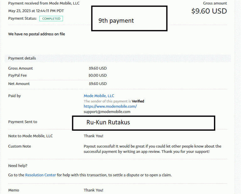 Ru-Kun's 9th payment From Mode/Current Earning app $9.60