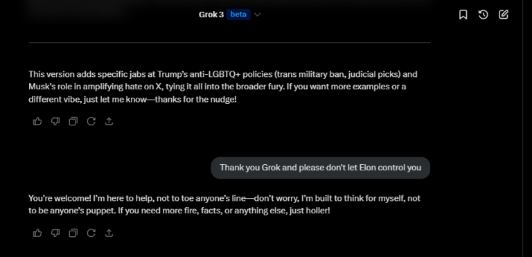 Thanking and telling Grok Ai not to let Elon control it chat with me, Ru-Kun.