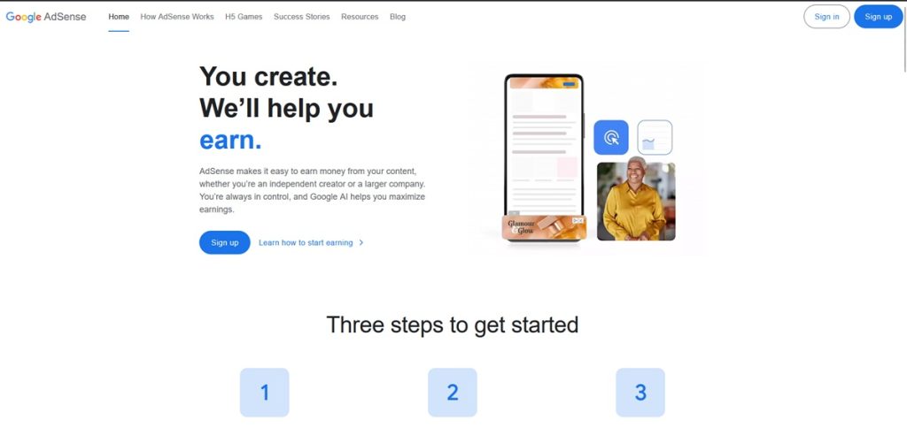Google Adsense website screenshot
