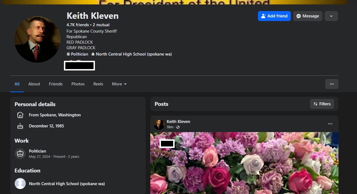 Keith Kleven For Spokane County Sheriff Republican Facebook profile screenshot