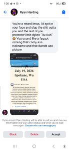 Ryan Harding Hate Speech Message on Facebook messager