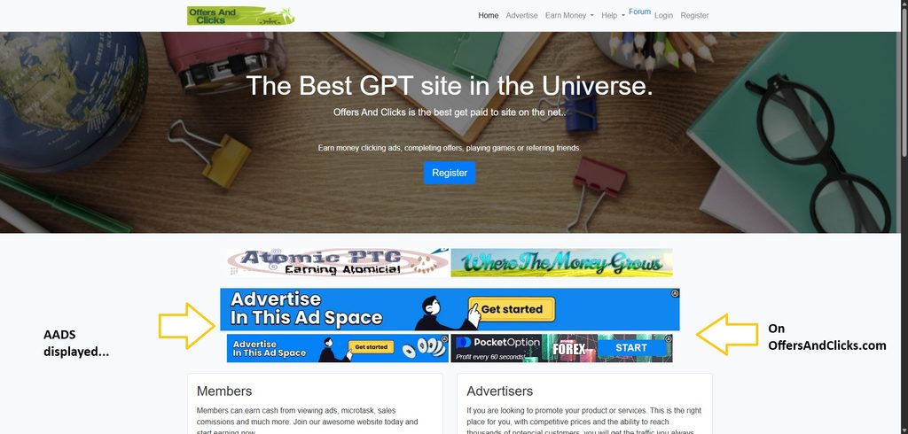 Offers And Clicks AADS displayed on home page
